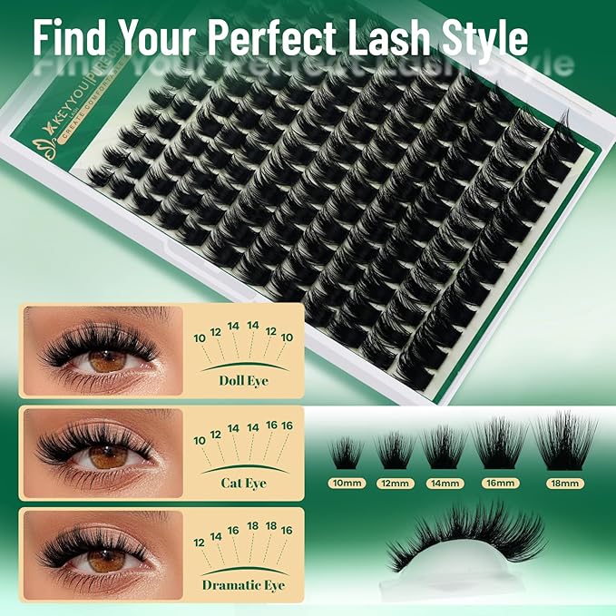 KEYYOU Lash Clusters 144pcs Eyelash Clusters 10-18mix D Curl Cluster Lashes Thick Super Soft Wispy DIY Eyelash Extension at Home(PC01-D-10-18MIX)