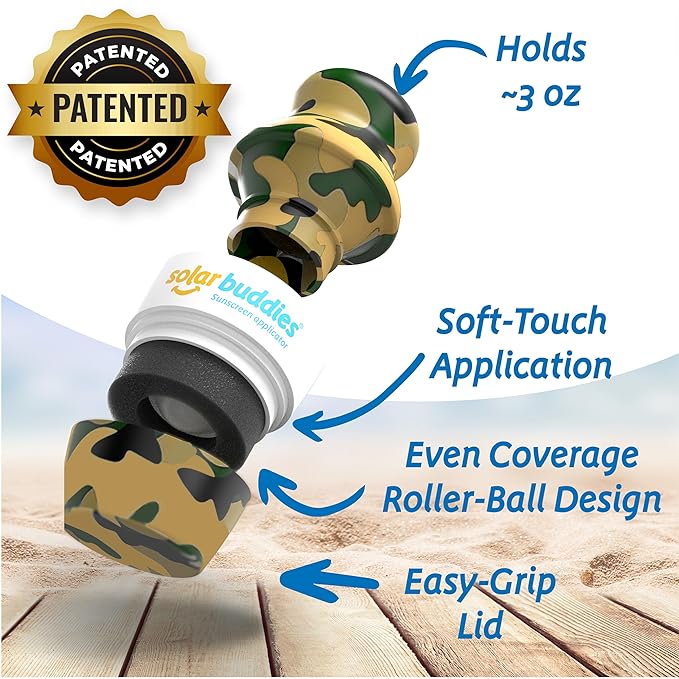 Solar Buddies Sunscreen Applicator - Camo Single - Refillable Roll on Sponge Sunscreen, Suncream & Lotion Applicator For Kids, Adults & Families - Holds 3.4fl oz, Perfect Size for Travel