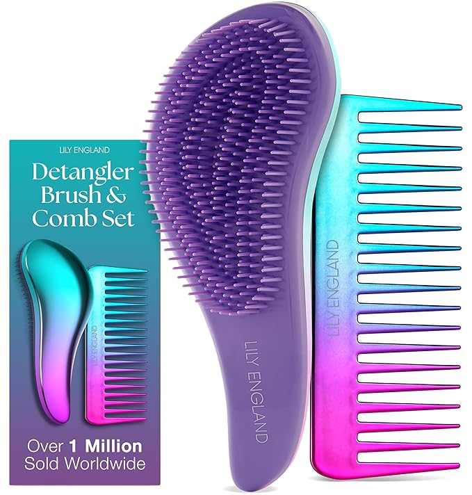 Lily England Detangler Brush & Comb Set - Lightweight Wide Tooth Detangling Tool for Women & Kids - Smooths Curly, Straight, Dry, Fine, & Thick Hair, Purple