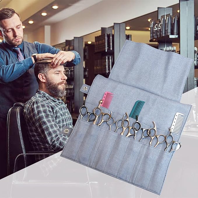 Salon Scissors Bag Roll Up, 14 Pockets PU Stylist Grooming Scissors Holder Barber Hair Scissor Shears Cases for Hairdressers (HJ-ZP012-Blue)