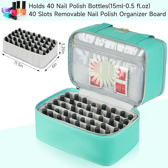 Nail Polish Organizer,Double-Layer Nail Organizers and Storage,Nail Polish Carrying Case for 40 Bottles (15ml-0.5 fl.oz) and Nail Lamp,Portable Nail Polish Holder for Nail Supplies,Mint Green