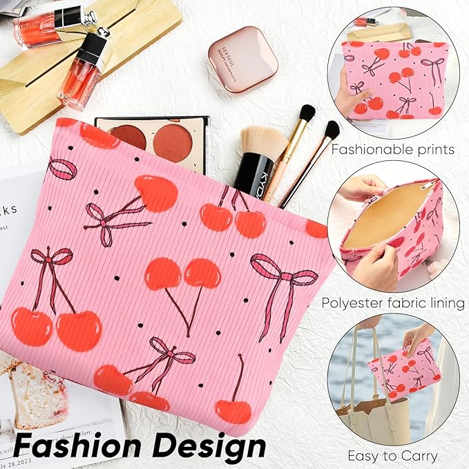 Cute Cherry Makeup Pouch for Women Small Make Up Bag for Purse Zipper Initial Makeup Cosmetic Bags Pouches for Purse Aesthetic Travel Toiletry Bags, Red Cherries Bows