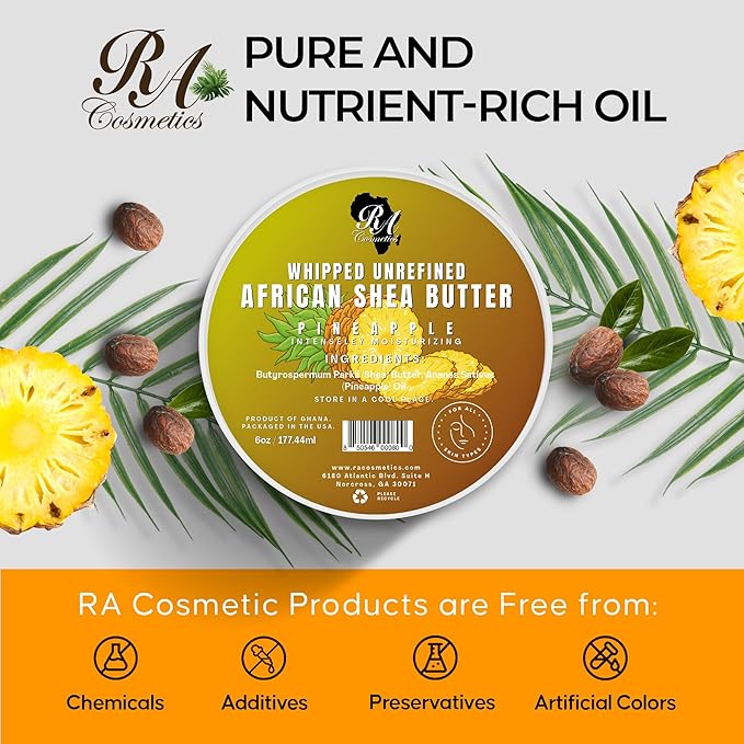 RA COSMETICS Whipped Shea Butter with Pineapple – 100% Unrefined Shea Body Butter from Ghana – Moisturizes Skin, Nourishes & Conditions Hair – Softens and Smooths Lips, Hands & Feet – 12oz