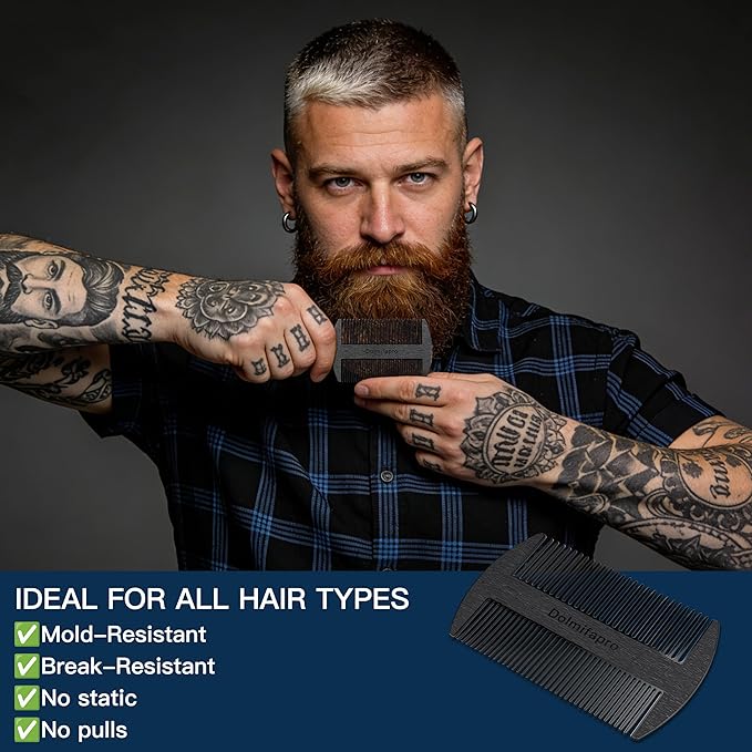 Pocket Comb for Beards, Mustaches Comb & Hair Beard Comb for Men Ultra-thin, Stainless Steel, Anti-static with PU Leather Case (black)