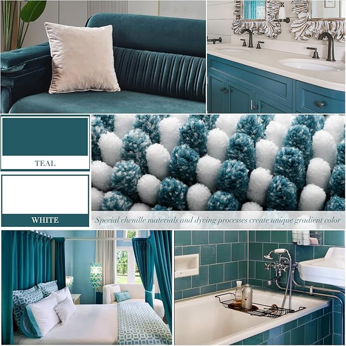 BSICPRO Bathroom Rugs Sets, 2 Piece Thick Absorbent Chenille, Non Slip, Soft Shaggy Bath Room Floor Mats, Machine Washable (20" x 47" Plus 16" x 24", Teal)