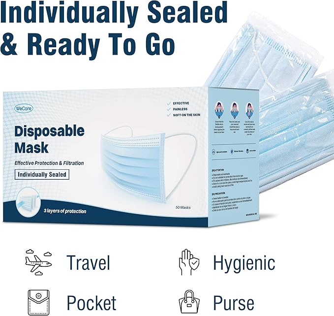 WECARE Disposable Face Mask Individually Wrapped - 50 Pack, Printed Masks - 3 Ply