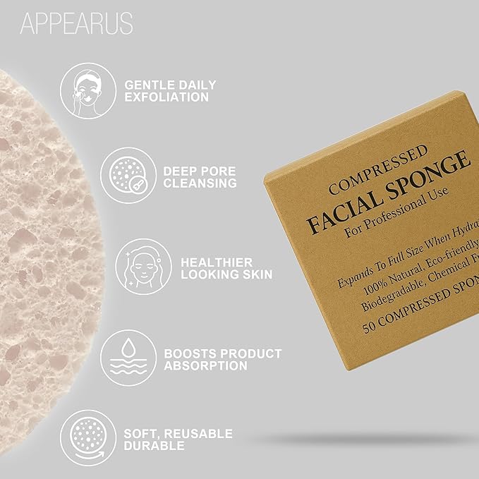 Appearus Natural Cellulose Facial Sponges – 50 Pack (Compressed) – Professional Spa Facial Sponge Pads for Cleansing, Exfoliating, Makeup Removal – White – Gentle on Sensitive Skin