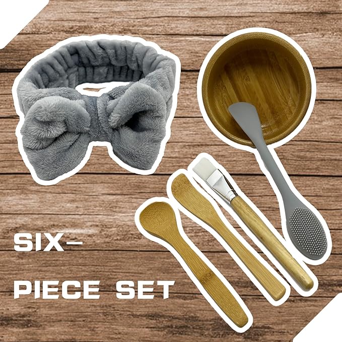 Skincare Face Mask Mixing Bowl Set 6 Pack,Makeup Skin Care Products for Clay Mask,Home DIY Beauty & Personal Care Tools Kit Bamboo Bowl,Spatula,Spoon,Brush,Silicone Applicator,Headband
