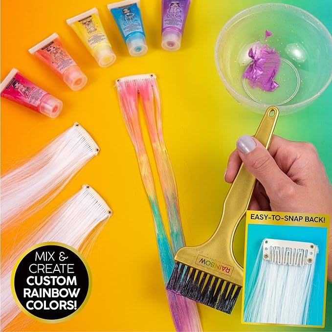 Rainbow High Rainbow Hair Stylist by Horizon Group USA, Includes 5 Vibrant Hair Coloring Gels, 3 Clip-in Extensions for Less-Mess, Mixing Bowl & Brush, Temporary Hair Coloring for Kids