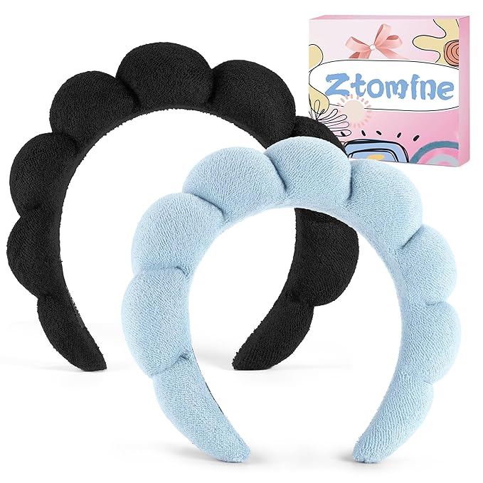 Face Wash Headband, Set of 2 - Terry Cloth Spa Headbands for Washing Face or Facial, Puffy Makeup Headbands for Skincare, Mask, Hair Salon, Professional Use (Black & Blue)