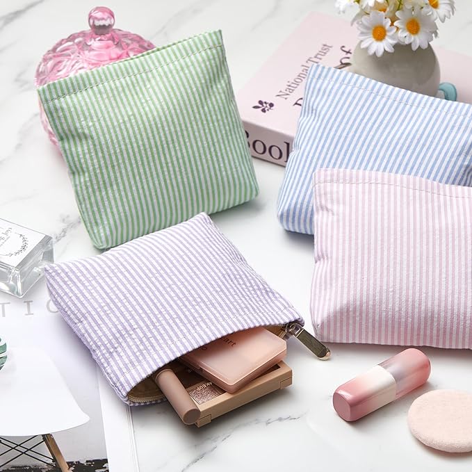 Abbylike 4 Pcs Small Makeup Bag Corduroy Cosmetic Pouch with Zipper Portable Little Bags for Purse Mini Pouch Cute Makeup Purse for Coin Essentials Items Women(Striped)