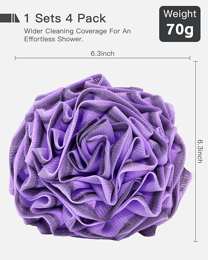 Loofah Sponge 70g, 6.3 Inch Large Exfoliating Bath Sponge, Soft Durable PE Mesh with Reinforced Knotting, Rich Lather Bath Scrubber for Body, for Travel or as a Holiday Gift (4Pack, Purple, Green)