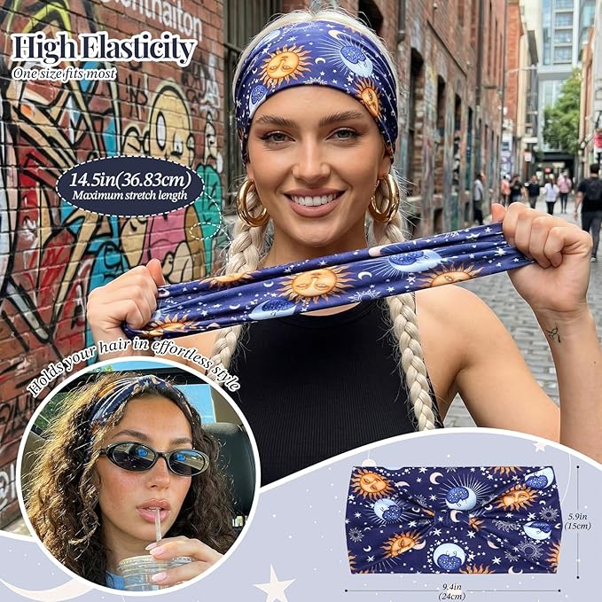 Wide Headbands for Women Knotted No Slip Head Bands Soft Turban Headband Hair Accessories Boho African Solid Color Head Wraps for Women Yoga Workout Pack of 6(Boho)
