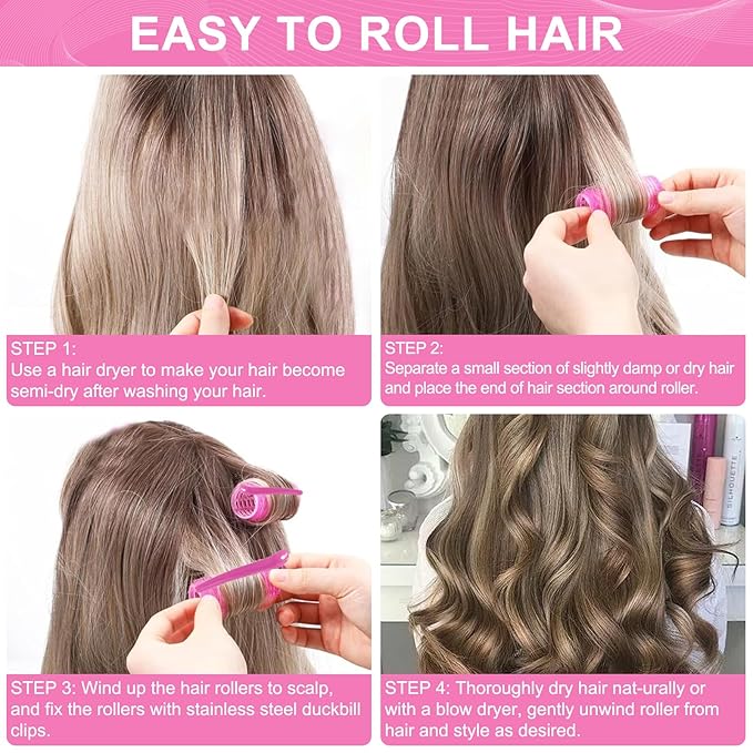 Hair Rollers, 12 Pack Hair Curler Small Hair Rollers for Women, Self Grip Hair Roller with Clips, Pink