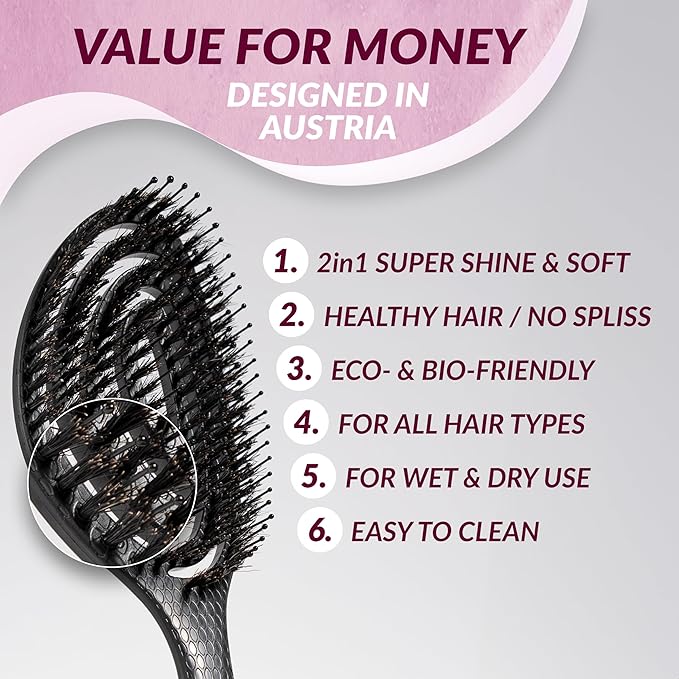 marQus Detangle Boar Brush Women and Men, Exclusive Ultra-soft bending Bristles and Body - Glide Through Tangles With Ease For All Hair Types - Women, Men, Wet And Dry Hair, 1pcs Black Brush