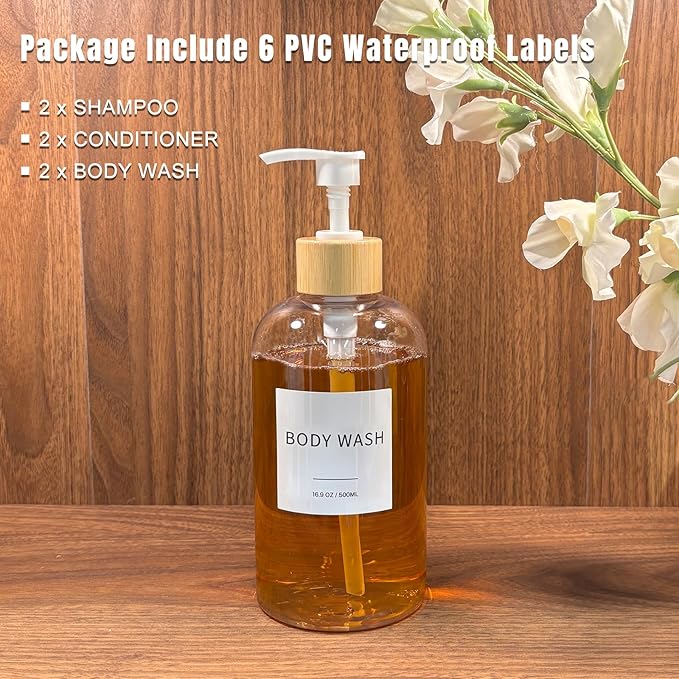Shampoo and Conditioner Dispenser, Refillable Plastic Shampoo Pump Bottles with Waterproof Labels, Empty Body Wash Dispenser Set for Bathroom, Shower Soap Bottles (Clear, Set of 3, 16.9oz)