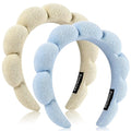 Spa Terry Cloth Headband Combo Pack - 2 Puffy Makeup Facial Headbands for Face Washing and Masks (Beige + Blue)