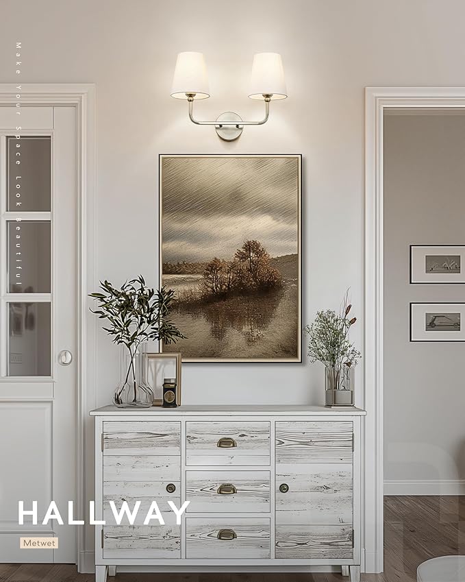 2-Light Bathroom Light Fixtures, Brushed Nickel Vanity Lights, Double Wall Sconce with Flared White Fabric Shade, Modern Sconces Wall Lighting for Hallway Bedroom Stairway, VL837-BN-2-S
