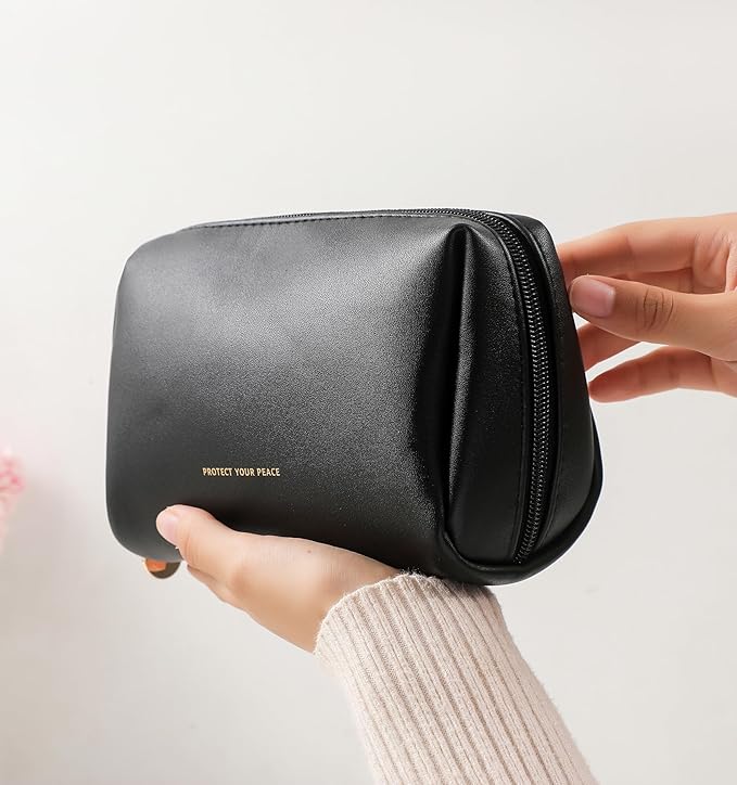 Aveniee Travel Makeup Bag Small, Vegan Leather Cosmetic Pouch for Purse, Wide-open Toiletry Organizer with Dividers & Zipper for Women-Black
