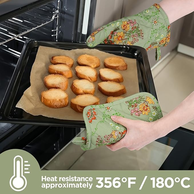 Oven Gloves Heat Resistant Potholder Set Oven Gloves with Anti-Slip Striped Cooking Gloves for Cooking Baking - 2PCS