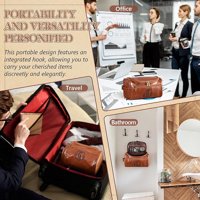 Sadnyy Personalized Leather Toiletry Bag for Men Initial Travel Bag with Hook Monogrammed Toiletry Pouch Leather Travel Bathroom Kit with Side Handle for Him Dad Husband Anniversary Birthday Gifts(G)