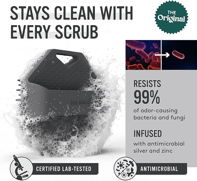 Sud Scrub® Antimicrobial Silicone Body Scrubber, Exfoliating Body Scrubber for Sensitive Skin, Eco Friendly Shower Scrubber for Body, Silicone Body Brush for Showering, Charcoal