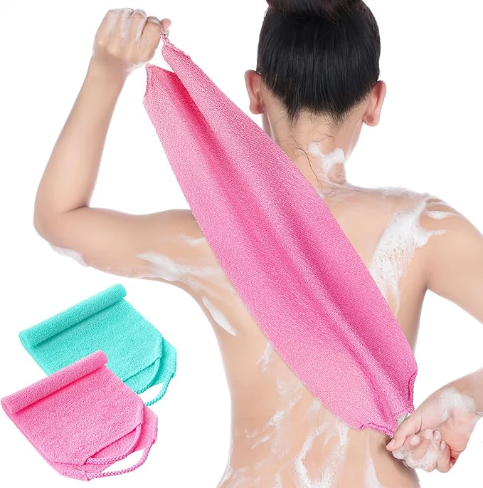 Back Scrubber for Shower Exfoliating Washcloth Back Cloth Body Extended Length Scrubber Towel Nylon Exfoliating Stretchable Pull Strap Wash Cloth for Bath Body Scrub Washcloth 2 Pack (Pink,Mint)