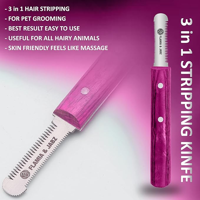 FLAMIA & JABZ FJ Professional Stripping Knife kit (6 pieces set) for Dogs & Pets, Wooden Handle Grip with Stainless Steel Blade (Right handed) (Pink)