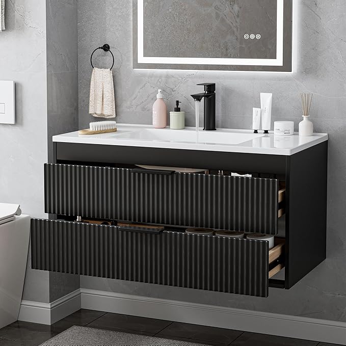 36 Inches Modern MDF Bathroom Vanity with Sink, Wall Mounted Floating Cabinets w/Double Drawers, Black Handles, White Resin Sink Combo Set (Black, 36")