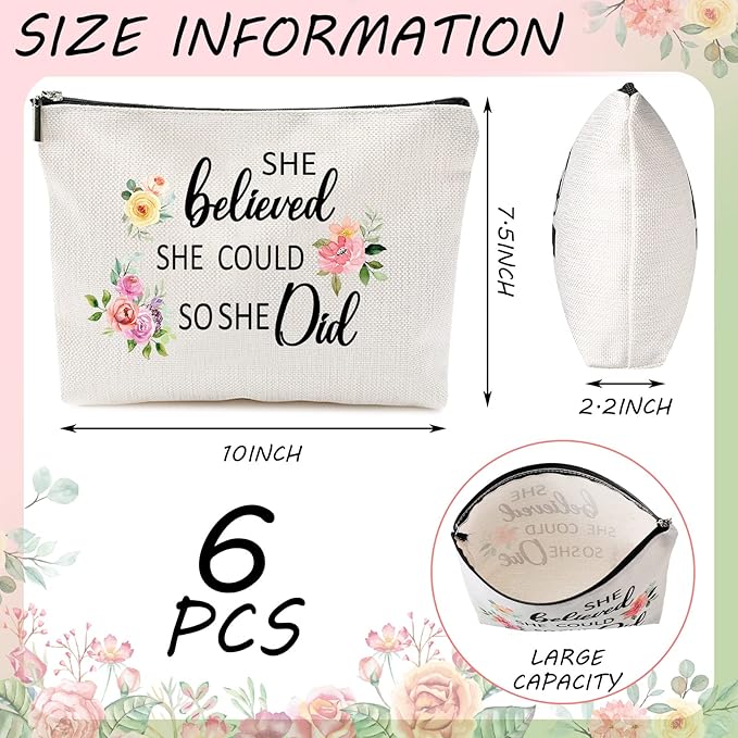 Chengu 6 Pcs Floral Cosmetic Bags Inspirational Gifts for Women Believe in Yourself Motivational Quotes Flower Canvas Makeup Bag for Women Birthday Friend Teacher Graduation New Year Party