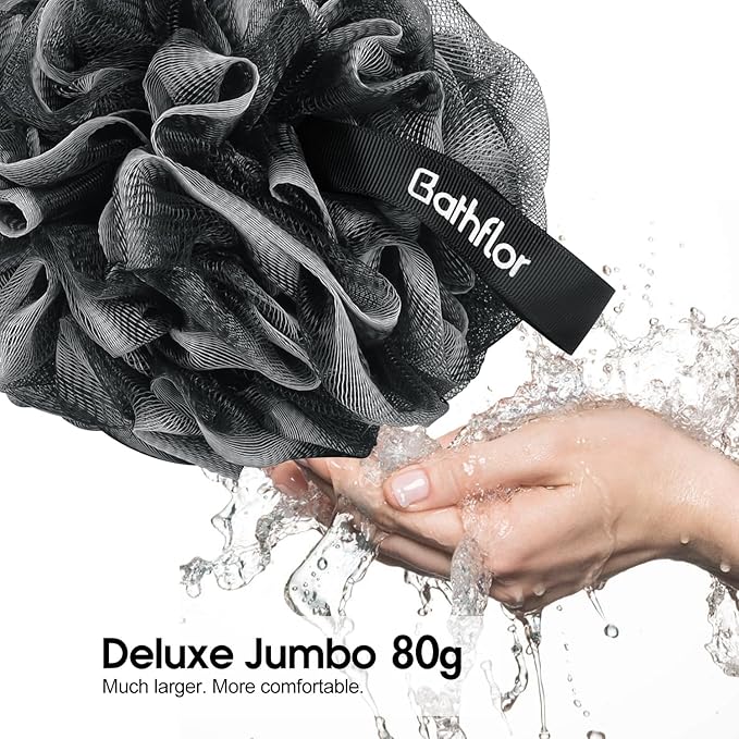 Loofah Sponge Exfoliating Body Scrubber: 4PCS Extra Large 80g Shower Loofahs Poufs, 1PCS Long Handle Loofa Back Scrubber, 1PCS Luffa Hook, Charcoal Loofah Pack for Women Men Bath Wash, Black