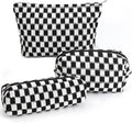 3 Pcs Makeup Bag Cosmetic Bag Set for Girls Women Checkered Travel Organizer Bathroom Toiletry Pouch Large Capacity Storage Bag (Black-White)