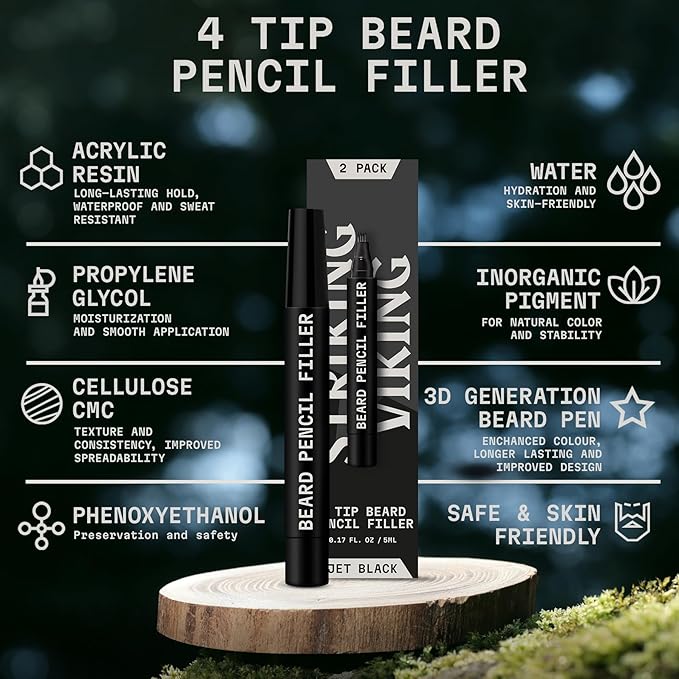 Striking Viking Beard Pencil Filler For Men - Jet Black, 2 Pack - Temporary Beard Dye - Waterproof Sweatproof Long Wear Beard Filler Pen for Touchups & Gap Contouring - Enhances Facial Hair
