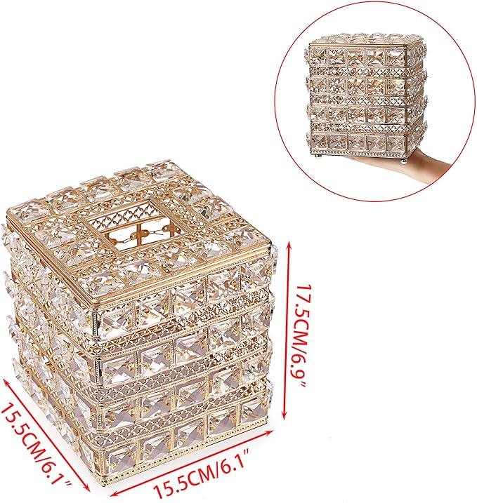 Sumnacon Crystal Square Tissue Box Cover - Sparkling Cube Glass Tissue Box Holder, Decorative Facial Tissue Holder for Bedroom Bathroom Dresser Night Stand Table Office Home Decor, Gold