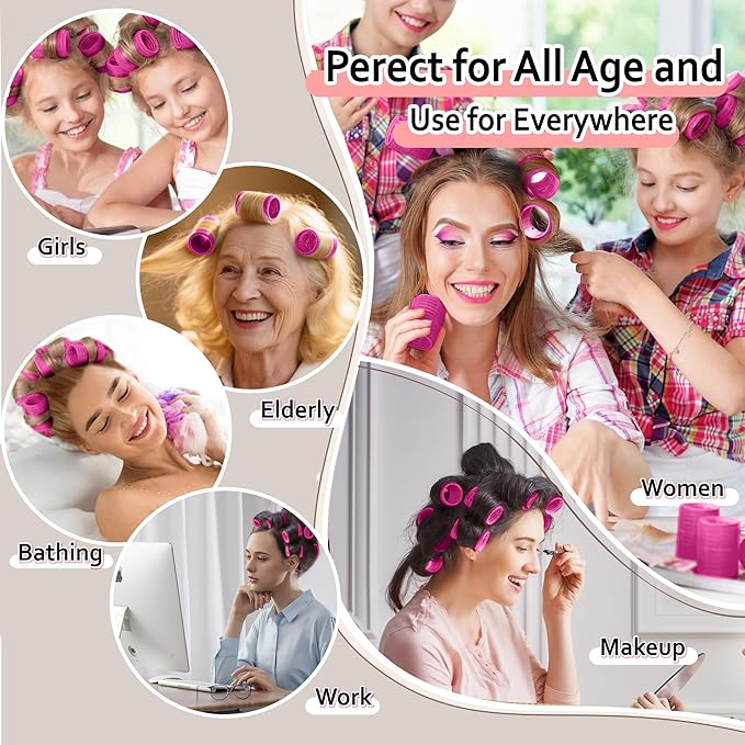 4 Sizes Self-Grip Hair Rollers Set with Clips - 4 Sizes for Long, Short Hair & Bangs (25mm, 36mm, 48mm, 60mm),(Rose Red, 4 Sizes)