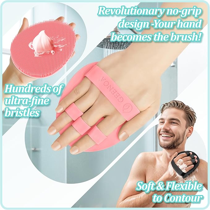 Silicone Bath Glove & Face Scrubber Set 2PCS, 360° Anti-Slip & Hand-fit Body Scrubber for Rich Foaming Deep Cleaning, Unique Facial Scrubber with Side-bristles for Contoured Areas.(Pink)