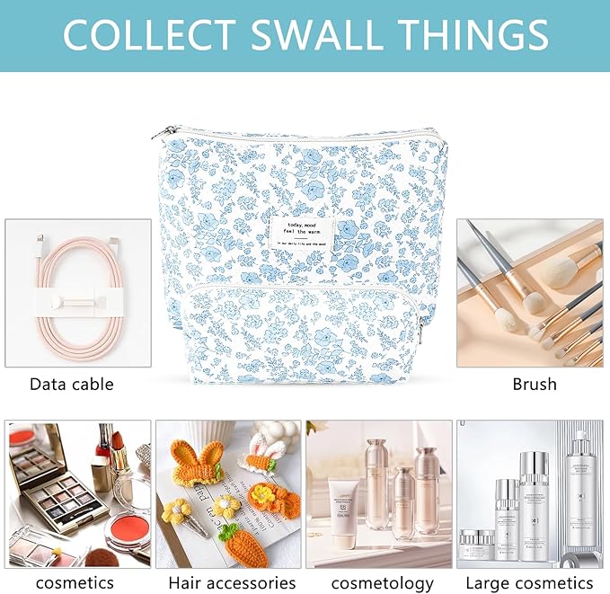 2Pcs Quilted Cotton Makeup Bag Travel Makeup Brush Bag Large Small Pouch Set for Women Floral Coquette Makeup Bags Cute Aesthetic Cosmetic Pouch Blue Toiletry Organizer Storage Bags