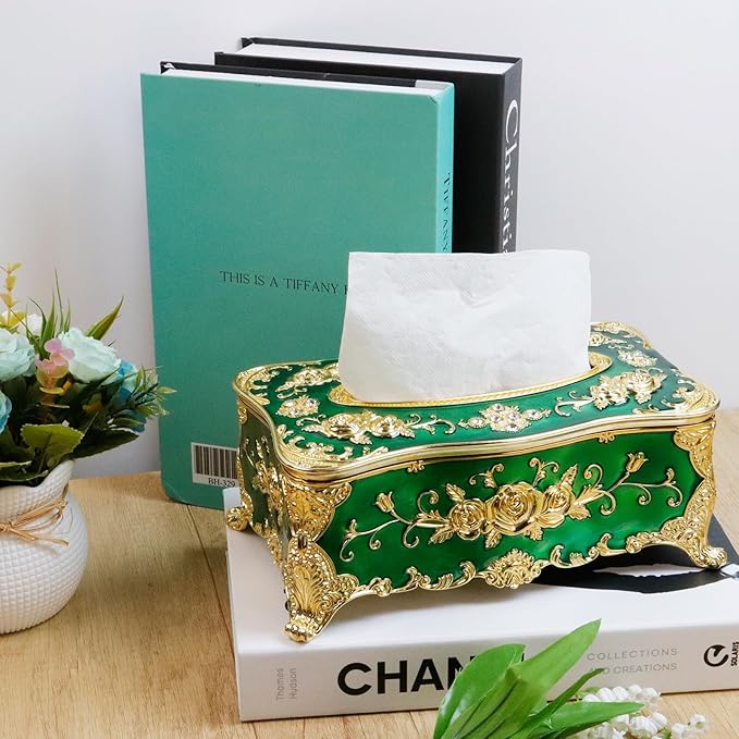 9.45"x5.43"x3.94" Luxurious Rose Tissue Box with Imitation Diamonds, Embossed Flowers, Elegant Tissue Paper Holders for Home Toilet Bath Hotel,Gold-Green