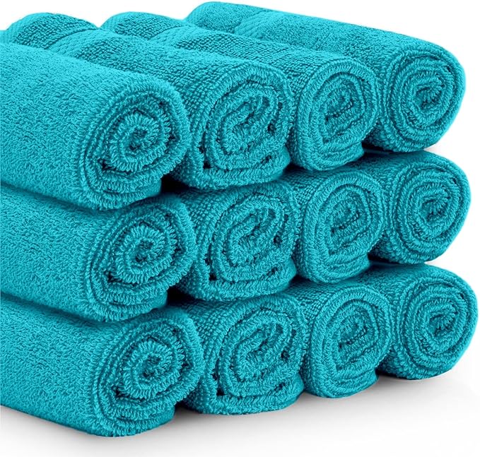 White Classic Luxury Cotton Washcloths 13x13 Inch - 650 GSM Turkish Cotton | Hotel, Spa, Bathroom Face Towel | 12 Pack, Aqua Blue