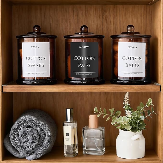 3 Pack Glass Qtip Holder Dispenser with Lids, Airtight Waterproof, 16 Oz Vanity Organizer Bathroom Canisters for Cotton Swabs, Balls, Pads, Floss Picks, Restroom Bedroom Kitchen Storage Jars, Amber