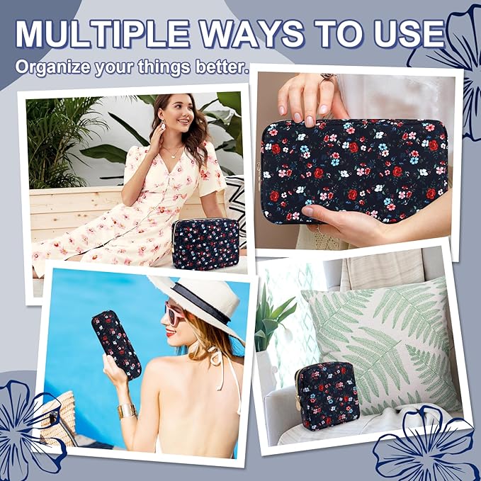 Waterproof Small Floral Makeup Bag Pouch for Purse,Nylon Flower Cosmetic Bag Preppy Travel Toiletry Storage Bag for Women Girl,Cute Makeup Organizer Bag Skincare Bag with Zipper(Small Black-Flowers)