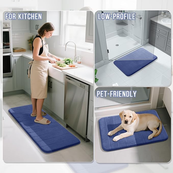 Yimobra Memory Foam Bath Mat Set 2 Piece - Super Soft Absorbent Quick Dry Bathroom Toilet Rugs, Machine Washable Non Slip Floor Carpet for Tub Shower & Single Sink (31.5x20 & 24x20, Navy Blue)