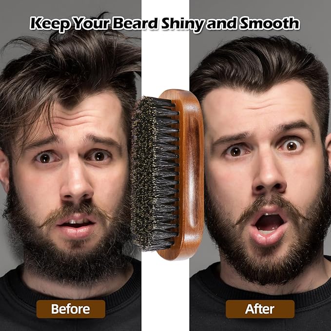 Beard Brush for Men, Boar Bristle Black Walnut Wood Beards and Mustaches Grooming Set Including Pure Boar Bristle Beard Brush, Beard Comb, Mustache Scissors, and Travel Bag