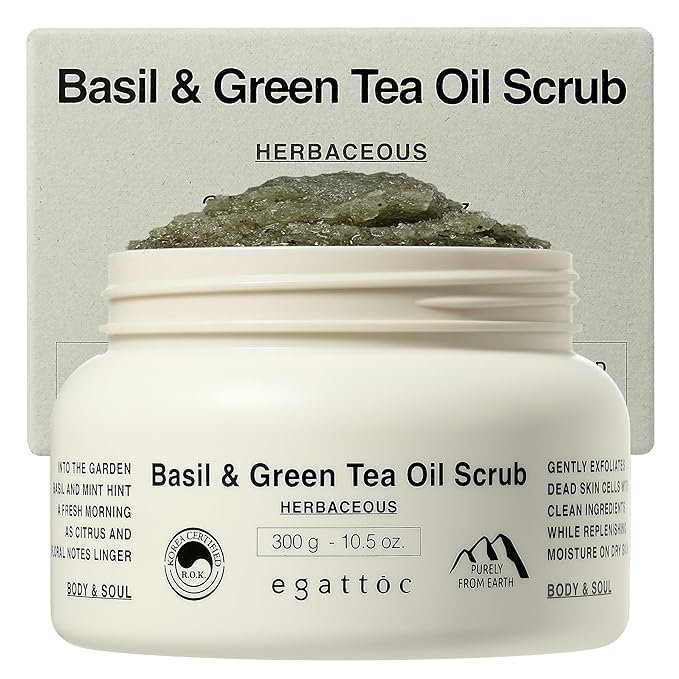 Himalayan Salt Body Scrub, Basil & Green Tea Exfoliating Oil Scrub with BHA LHA, Moisturizing Body Polish for Sensitive Skin, Soothing Mugwort & Oat, Green Citrus Scent, 10.5 oz