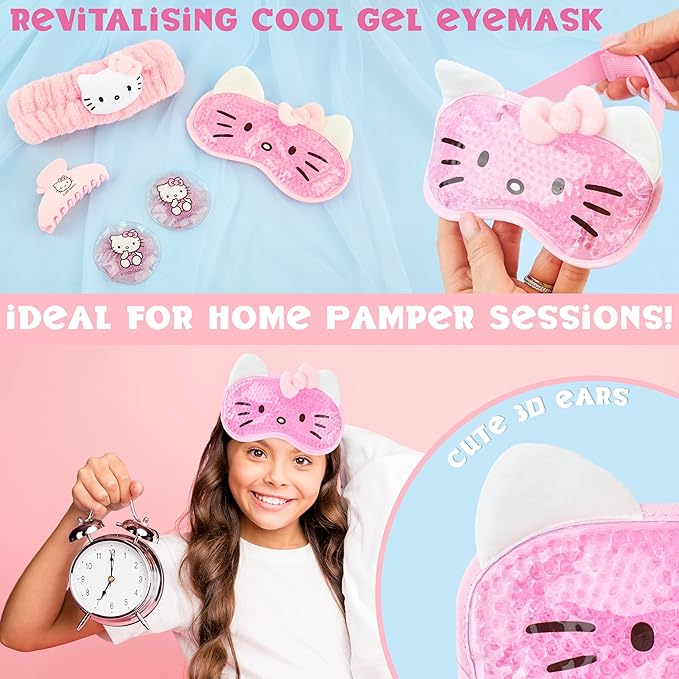 Hello Kitty Sanrio Beauty Set for Women, Teens with Cooling Gel Eye Mask, Plush Skincare Headband, Claw Clip, Eye Pads, Kawaii Gifts for Women (Pink Hello Kitty)
