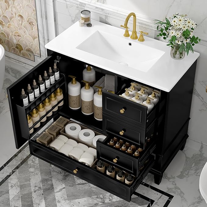 36" Bathroom Vanity with Sink, Harper & Bright Designs Free Standing Single Vanity Set with 3 Drawers and One Door with Storage Racks, Solid Wood Storage Cabinet with Ceramic Basin for Bathroom, Black