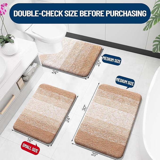 OLANLY Bathroom Rugs Sets 3 Piece, Soft Absorbent Microfiber Bath Mats and U-Shaped Contour Toilet Rug, Plush Shaggy Bath Mat Set for Bathroom (30"x20"+24"x16"+24"x20", Beige)