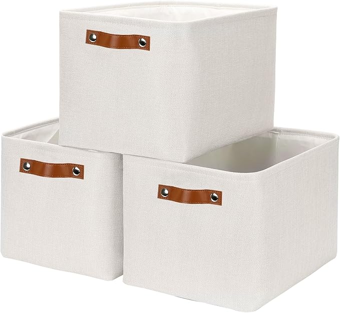 HNZIGE Large Fabric Storage Basket Organizers (3 PCS), Foldable Decorative Shelf Baskets with Leather Handles (Cream, 15" x 11" x 9.5")