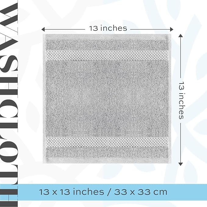 White Classic Luxury Cotton Washcloths 13x13 Inch - 650 GSM Turkish Cotton | Hotel, Spa, Bathroom Face Towel | 12 Pack, Dolphin Gray