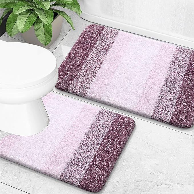 OLANLY Bathroom Rug Set 2 Piece, Soft Absorbent Microfiber Bath Mats and U-Shaped Contour Toilet Rug, Non-Slip, Machine Wash Dry, Plush Shaggy Bath Mats for Bathroom (24"x16"+24"x20", Mauve)